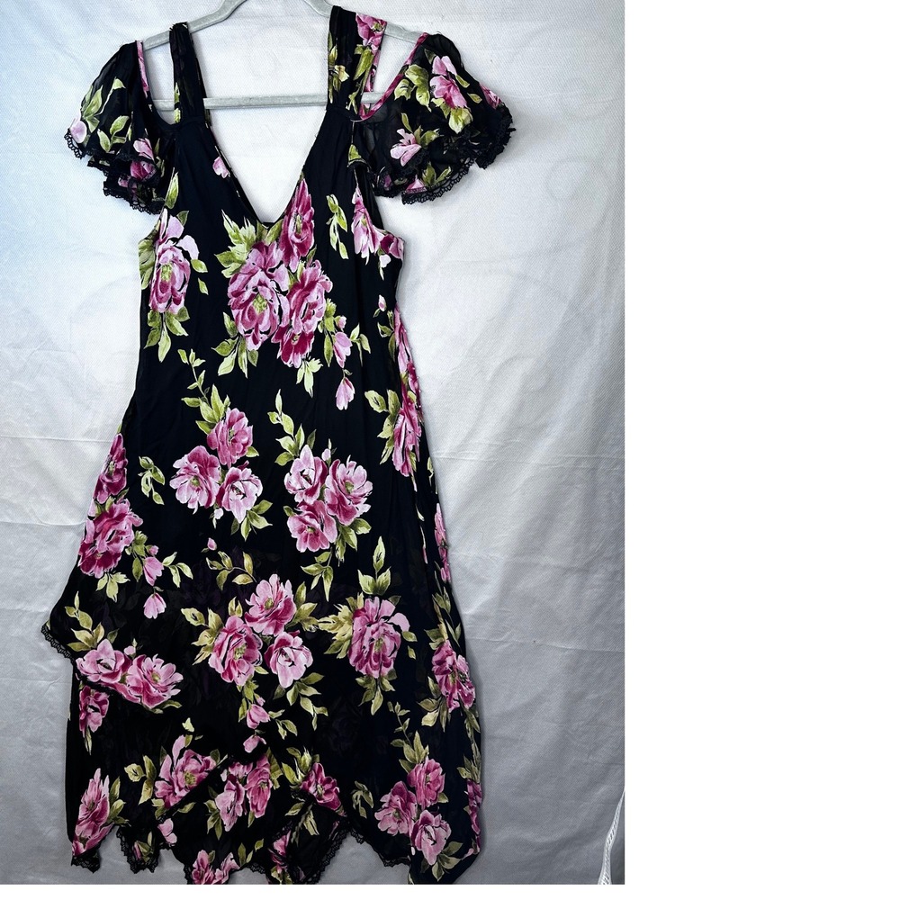 Black Floral Midi Dress with Pink Rose Print